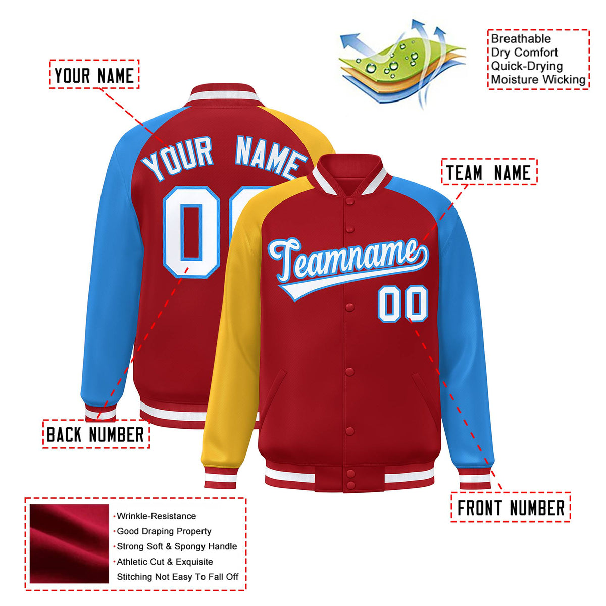Custom Red Powder Blue-Gold Raglan Sleeves Varsity Full-Snap Letterman Jacket