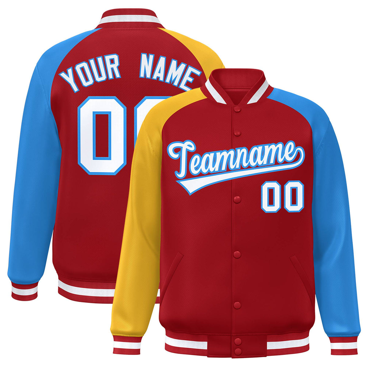 Custom Red Powder Blue-Gold Raglan Sleeves Varsity Full-Snap Letterman Jacket