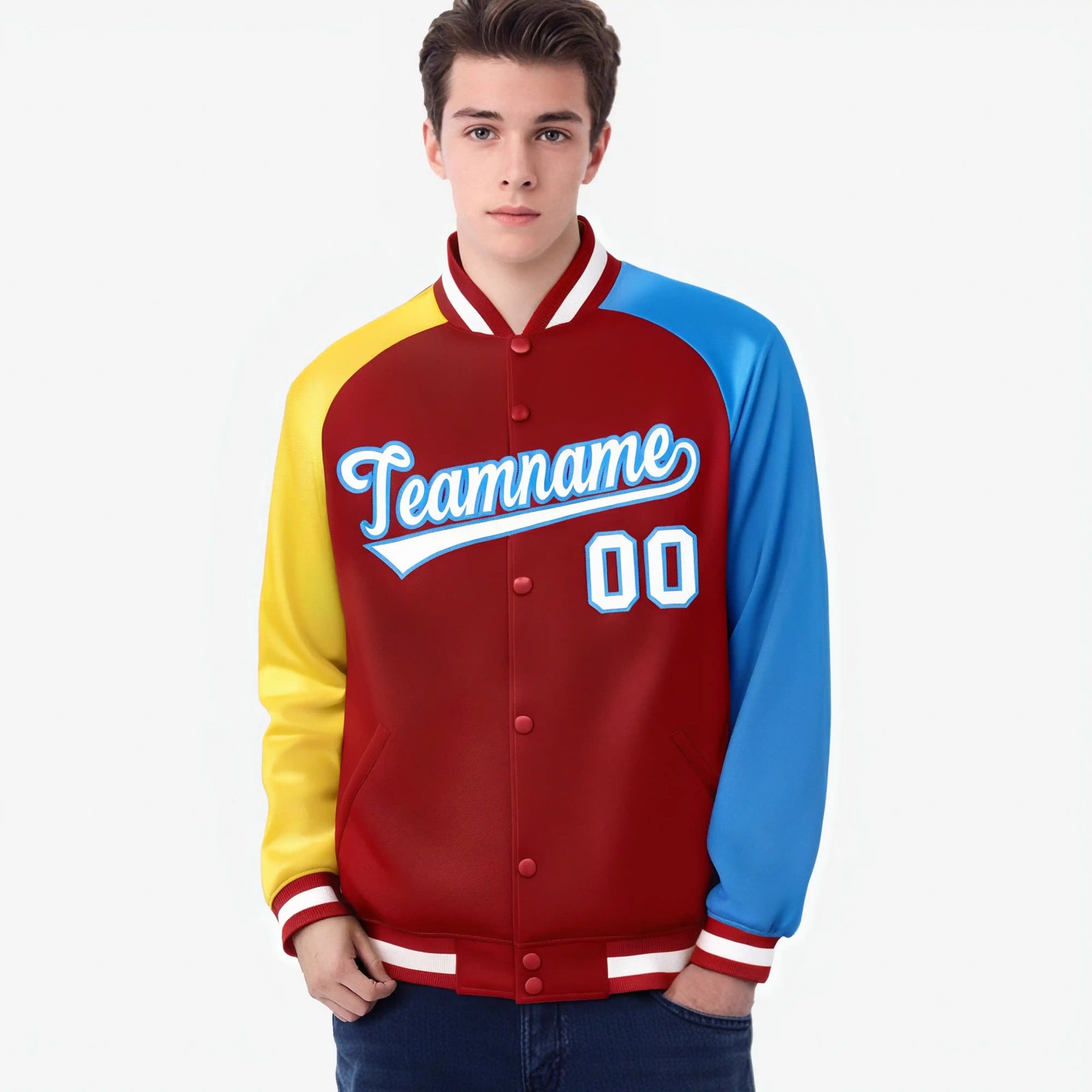 Custom Red Powder Blue-Gold Raglan Sleeves Varsity Full-Snap Letterman Jacket
