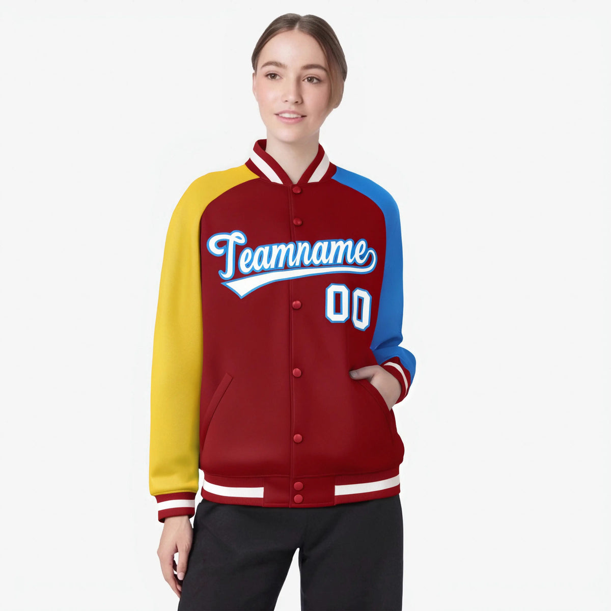 Custom Red Powder Blue-Gold Raglan Sleeves Varsity Full-Snap Letterman Jacket