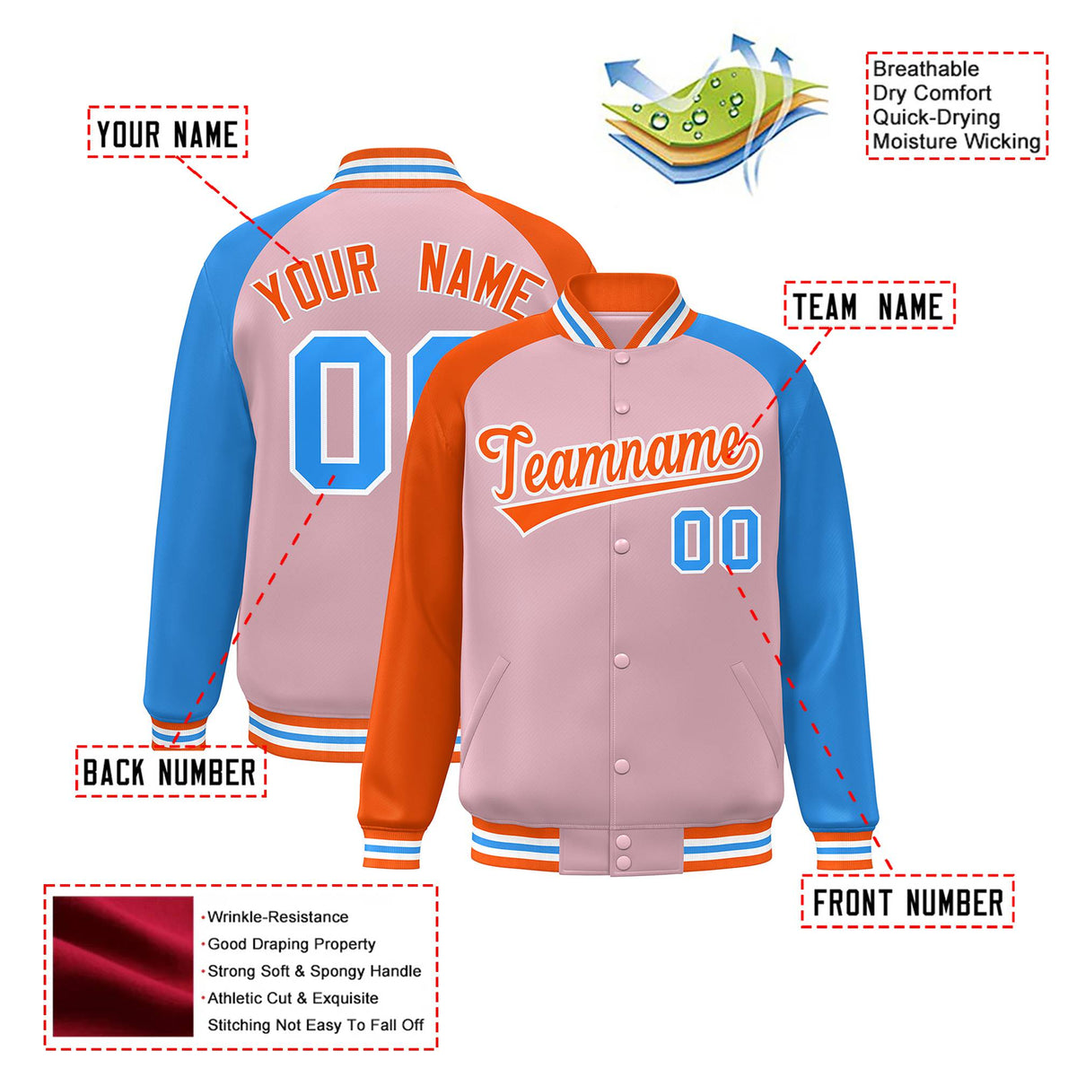Custom Light Pink Powder Blue-Orange Raglan Sleeves Varsity Full-Snap Letterman Jacket