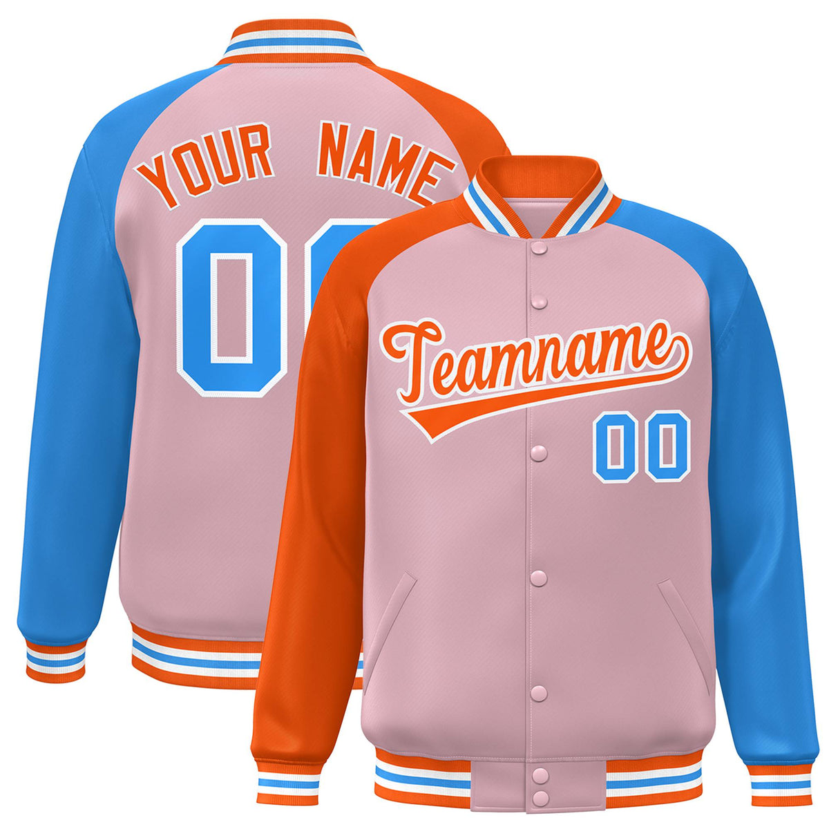 Custom Light Pink Powder Blue-Orange Raglan Sleeves Varsity Full-Snap Letterman Jacket