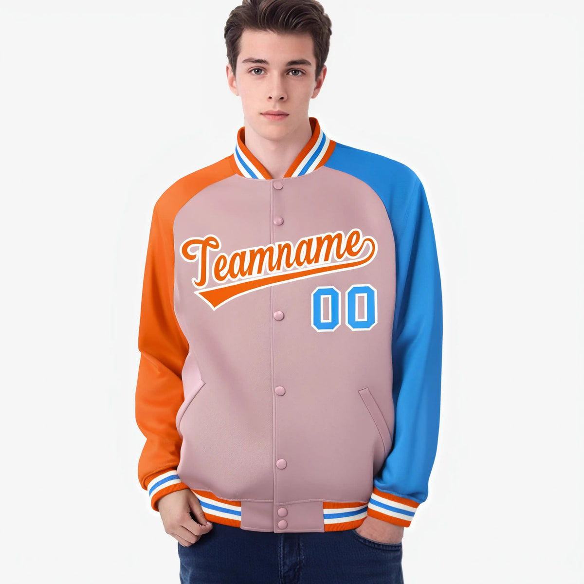 Custom Light Pink Powder Blue-Orange Raglan Sleeves Varsity Full-Snap Letterman Jacket