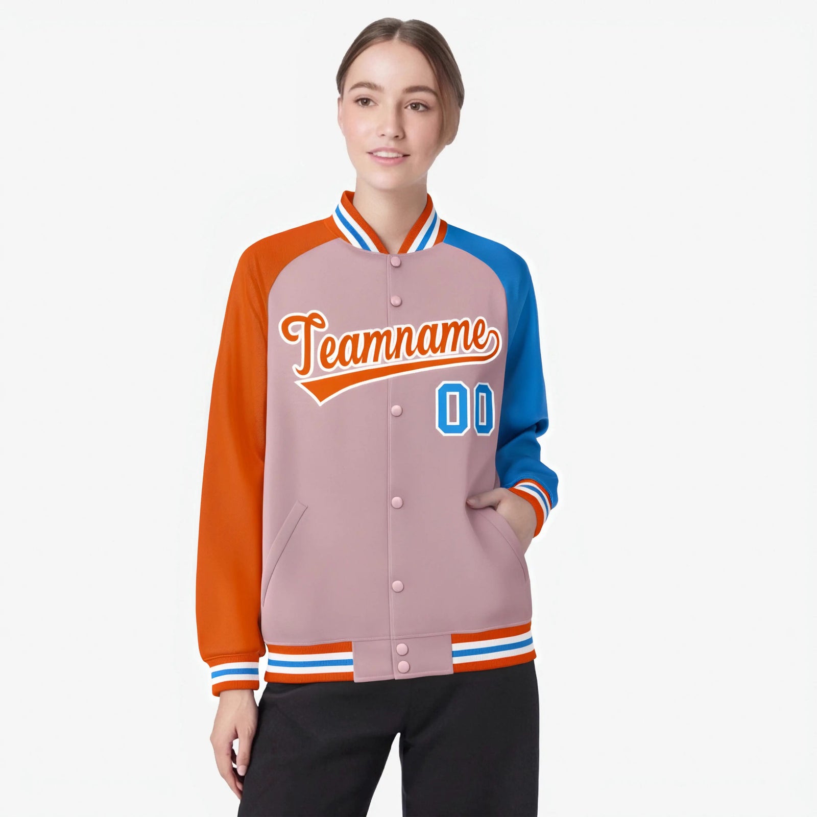 Custom Light Pink Powder Blue-Orange Raglan Sleeves Varsity Full-Snap Letterman Jacket