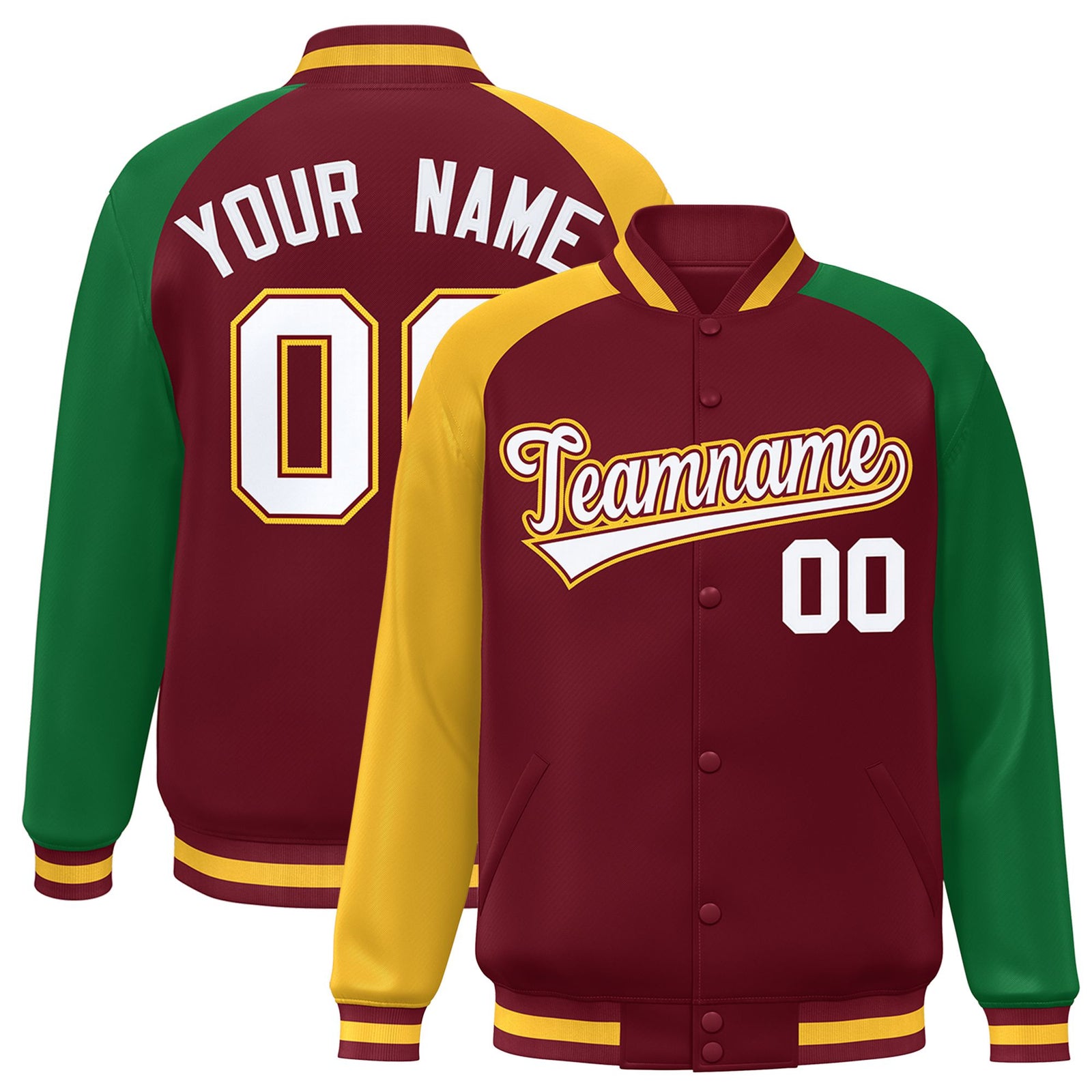 Custom Crimson Kelly Green-Gold Raglan Sleeves Varsity Full-Snap Letterman Jacket