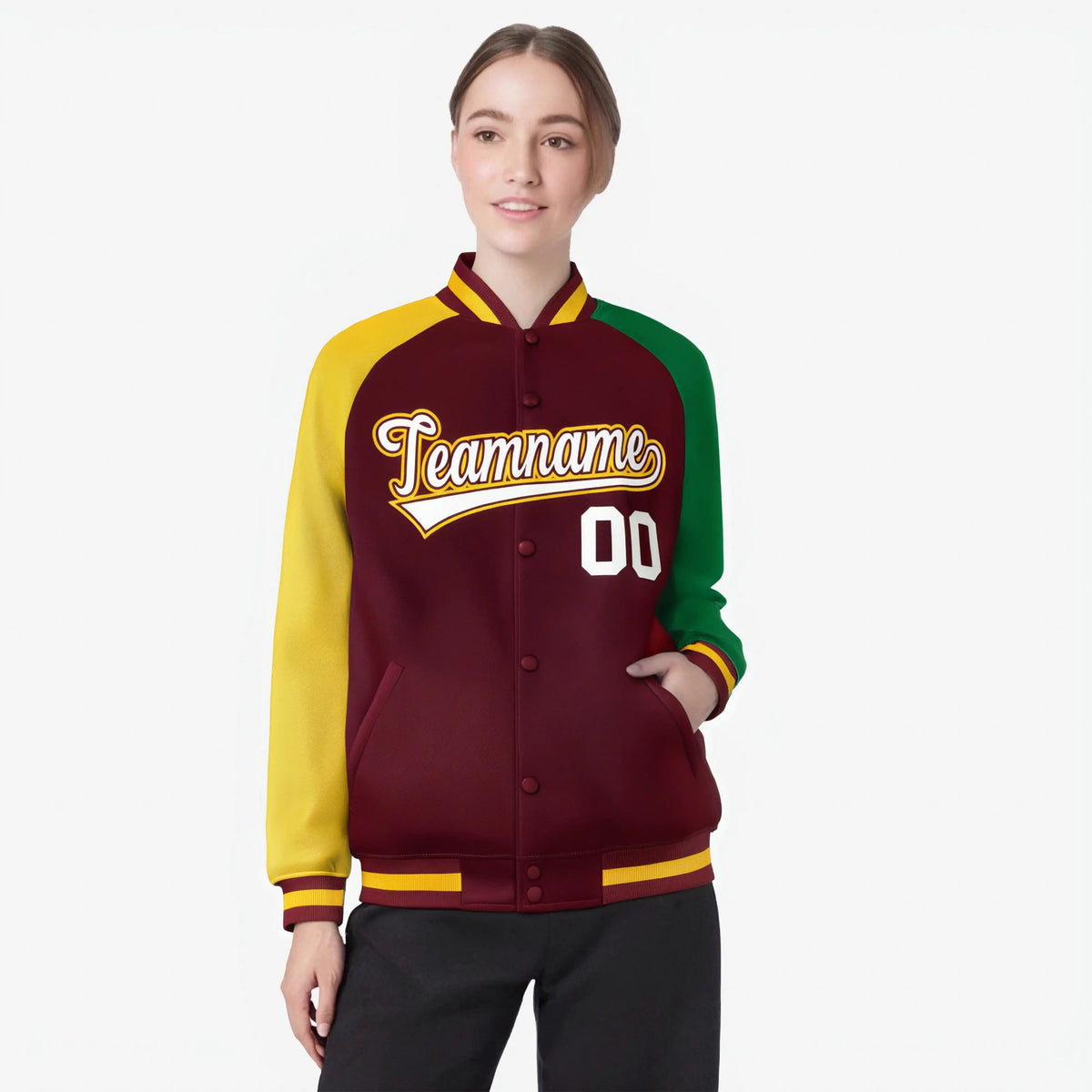 Custom Crimson Kelly Green-Gold Raglan Sleeves Varsity Full-Snap Letterman Jacket