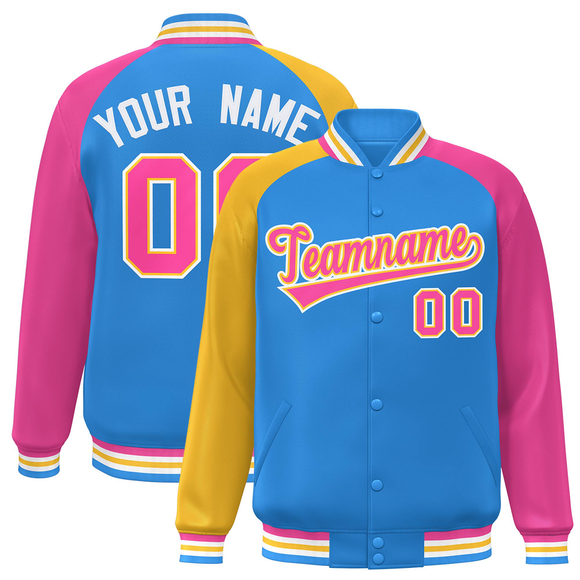 Custom Powder Blue Pink-Gold Raglan Sleeves Varsity Full-Snap Letterman Jacket