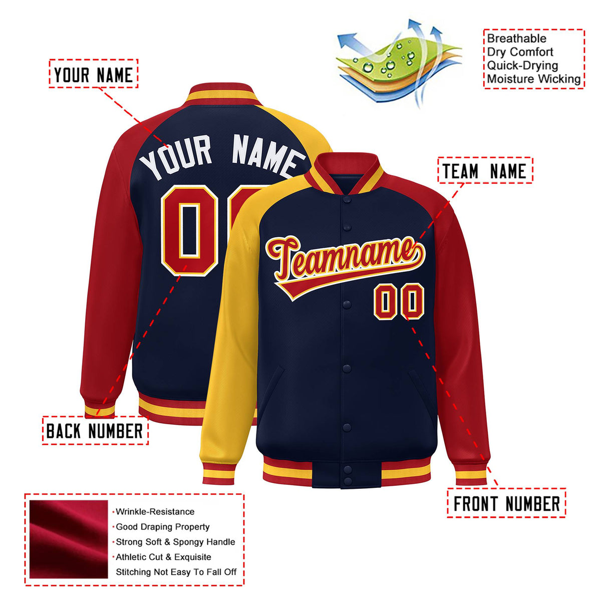 Custom Navy Red-Gold Raglan Sleeves Varsity Full-Snap Letterman Jacket