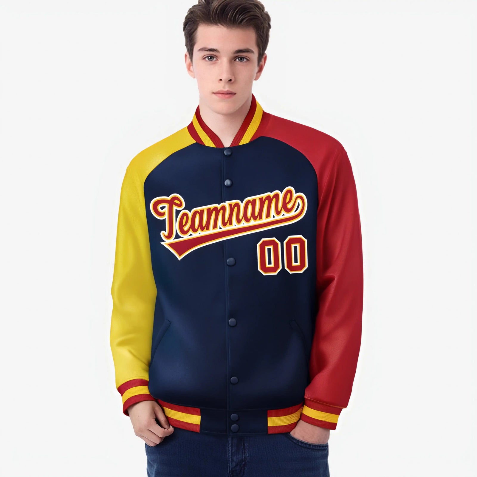 Custom Navy Red-Gold Raglan Sleeves Varsity Full-Snap Letterman Jacket