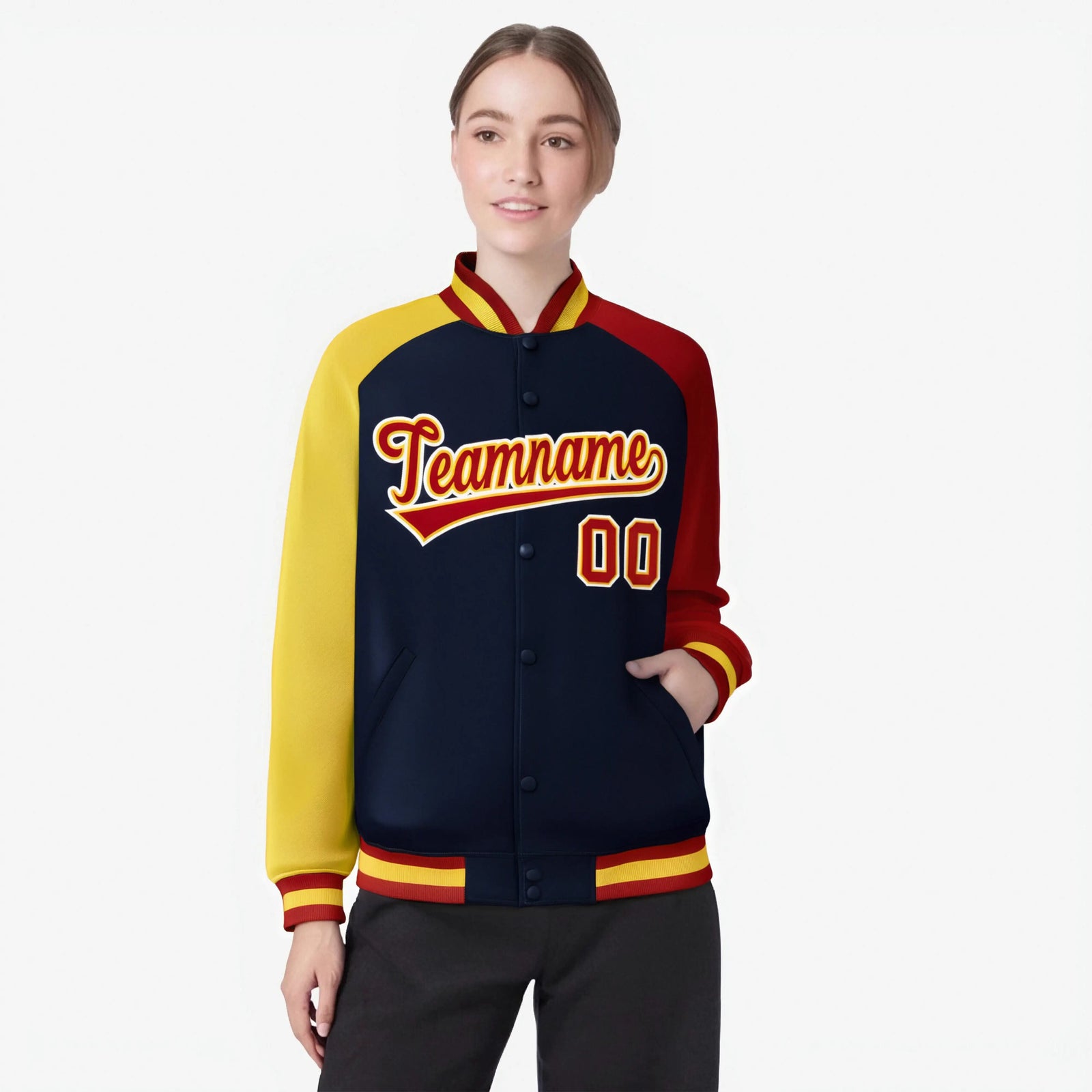 Custom Navy Red-Gold Raglan Sleeves Varsity Full-Snap Letterman Jacket