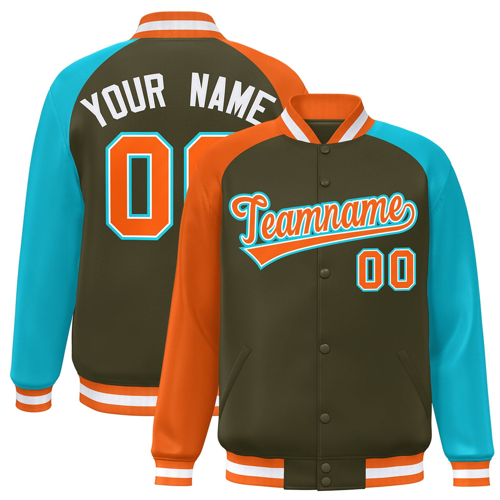 Custom Olive Aqua-Orange Raglan Sleeves Varsity Full-Snap Letterman Jacket