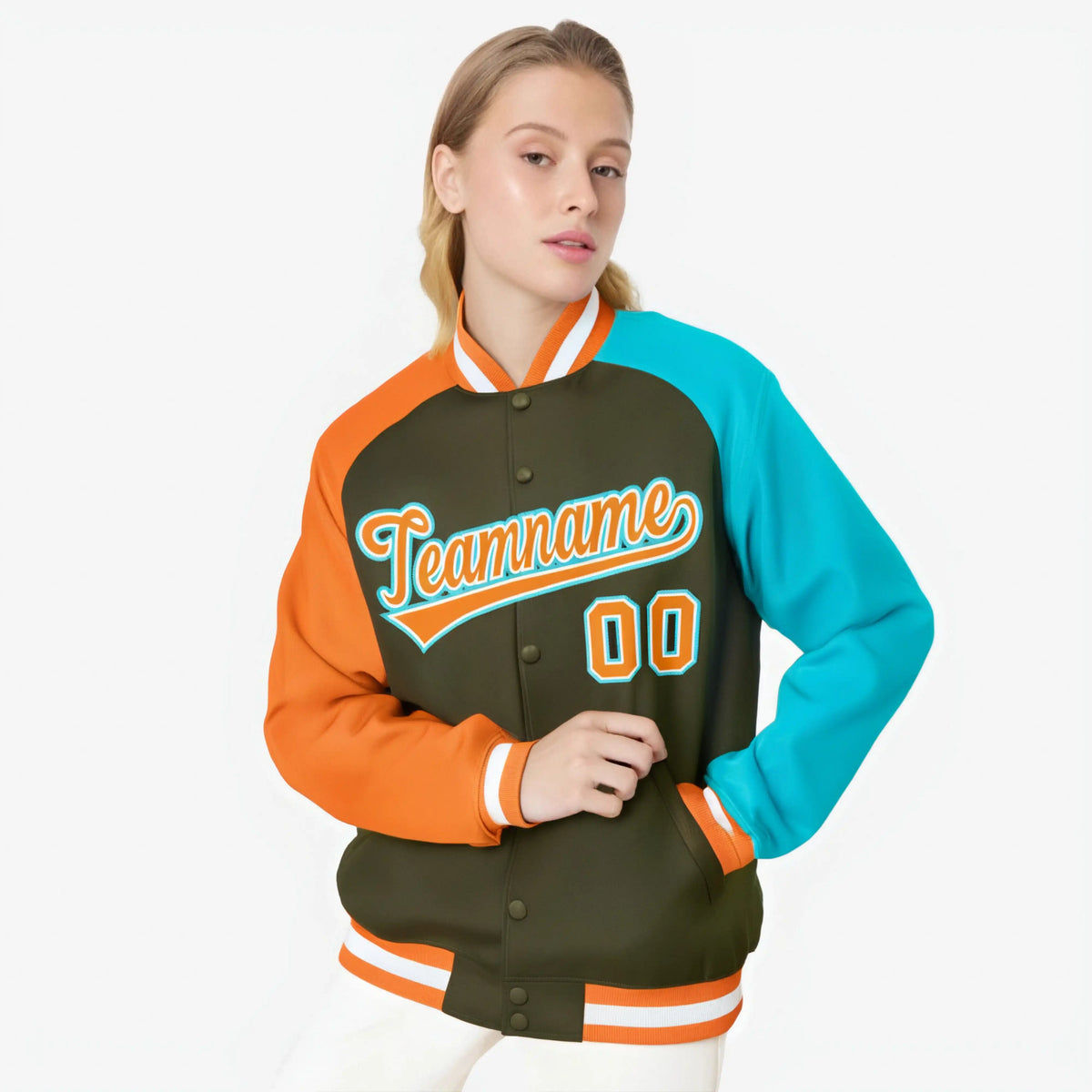 Custom Olive Aqua-Orange Raglan Sleeves Varsity Full-Snap Letterman Jacket