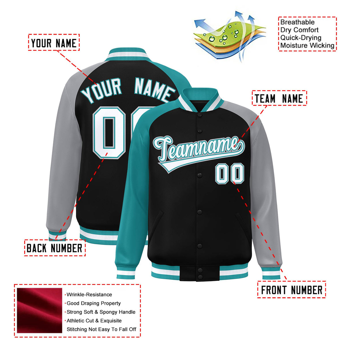 Custom Black Gray-Aqua Raglan Sleeves Varsity Full-Snap Letterman Jacket