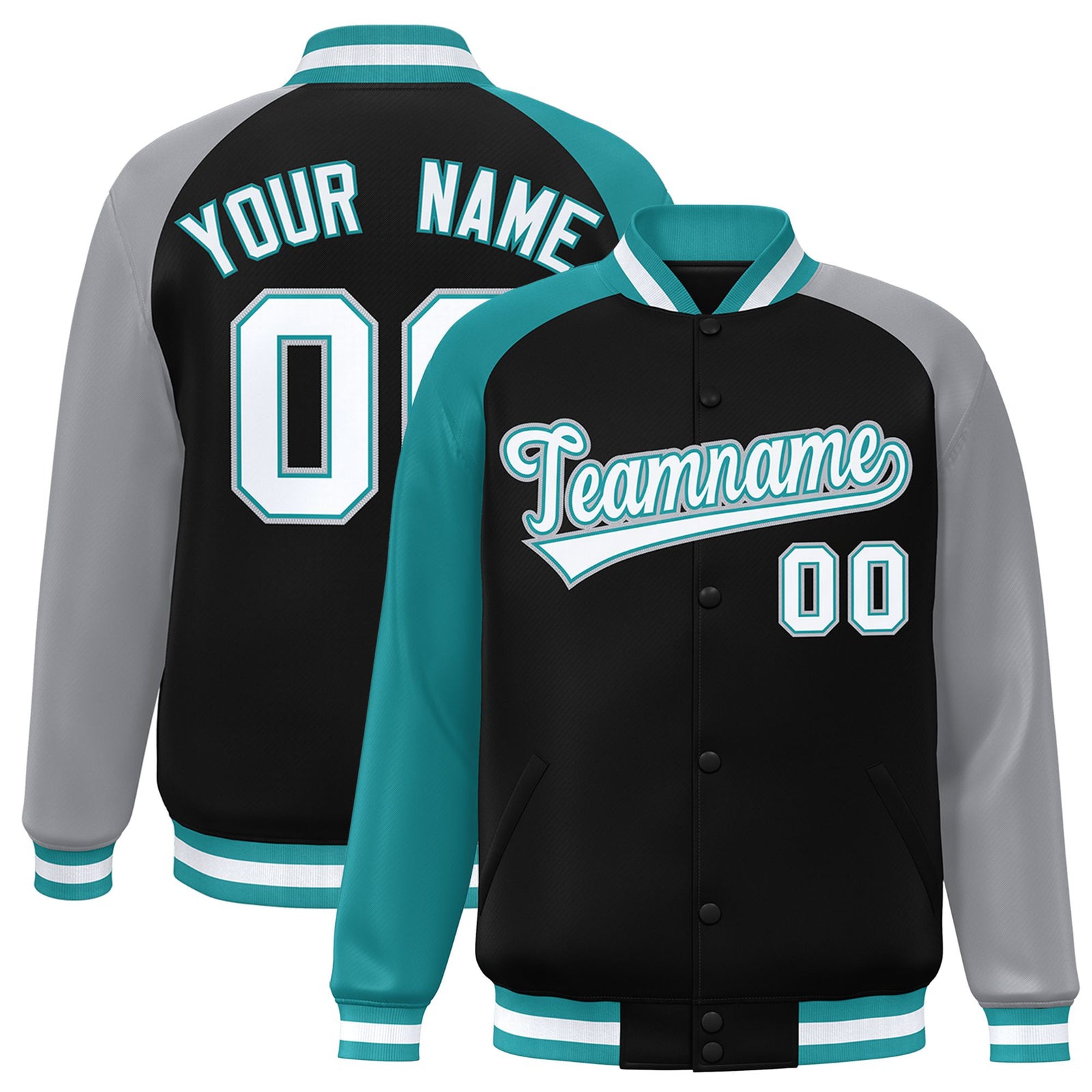 Custom Black Gray-Aqua Raglan Sleeves Varsity Full-Snap Letterman Jacket