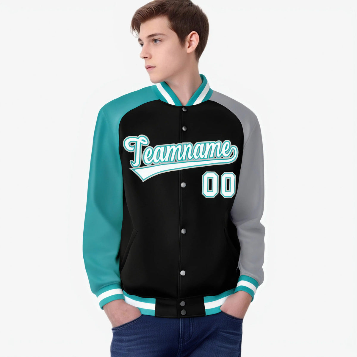 Custom Black Gray-Aqua Raglan Sleeves Varsity Full-Snap Letterman Jacket