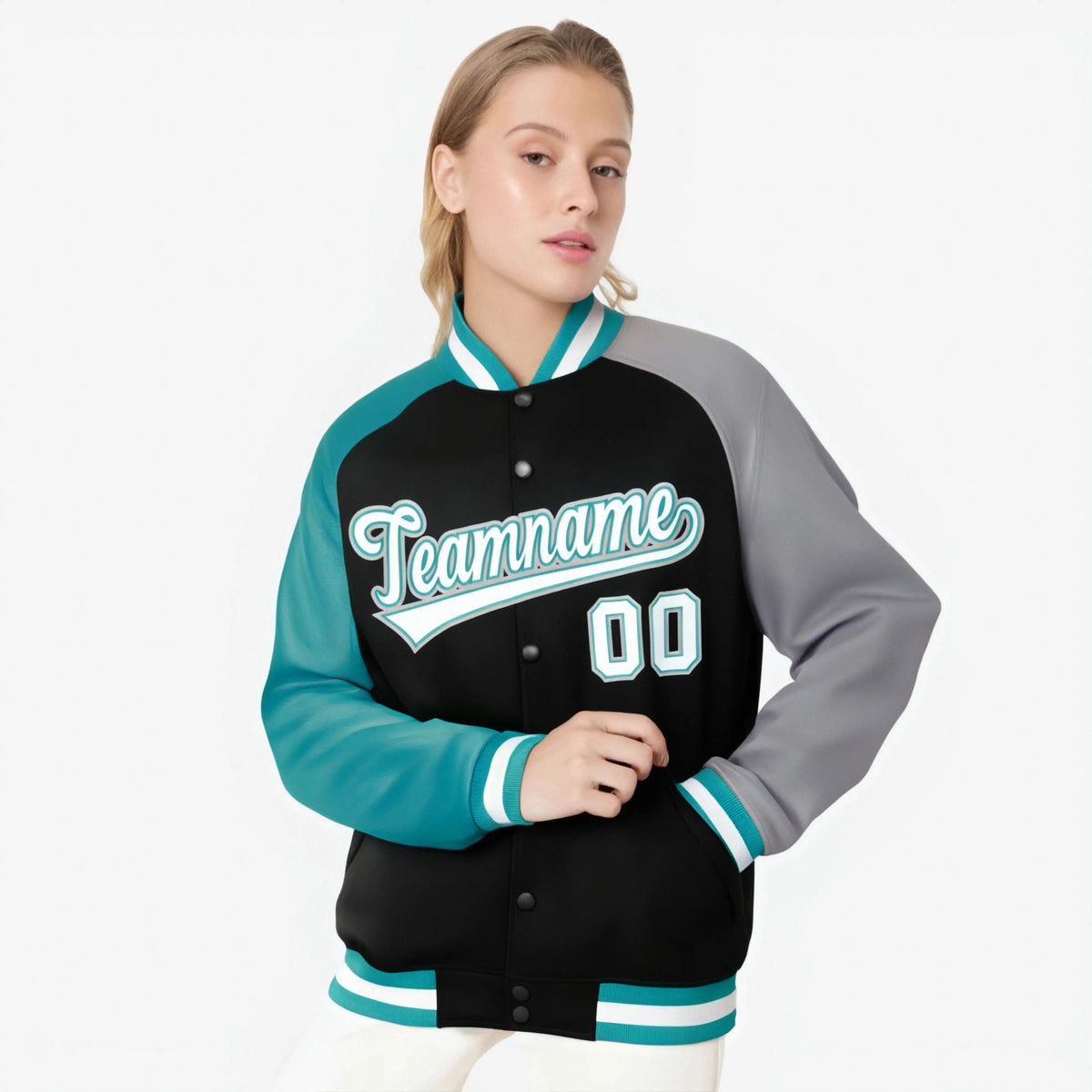 Custom Black Gray-Aqua Raglan Sleeves Varsity Full-Snap Letterman Jacket