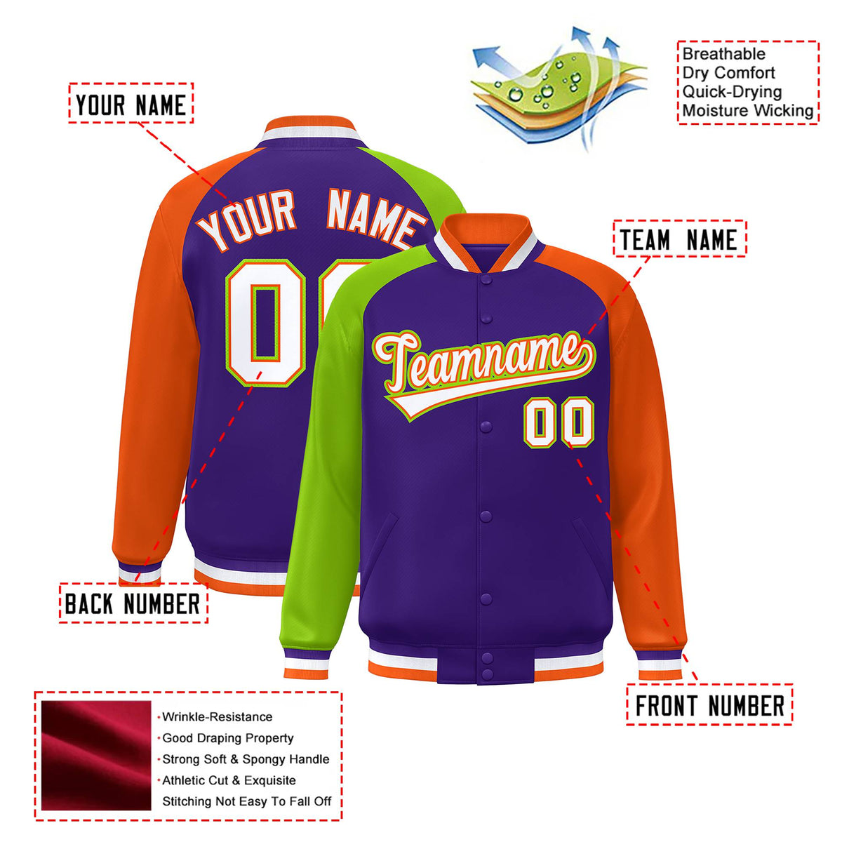 Custom Purple Orange-Neon Green Raglan Sleeves Varsity Full-Snap Letterman Jacket