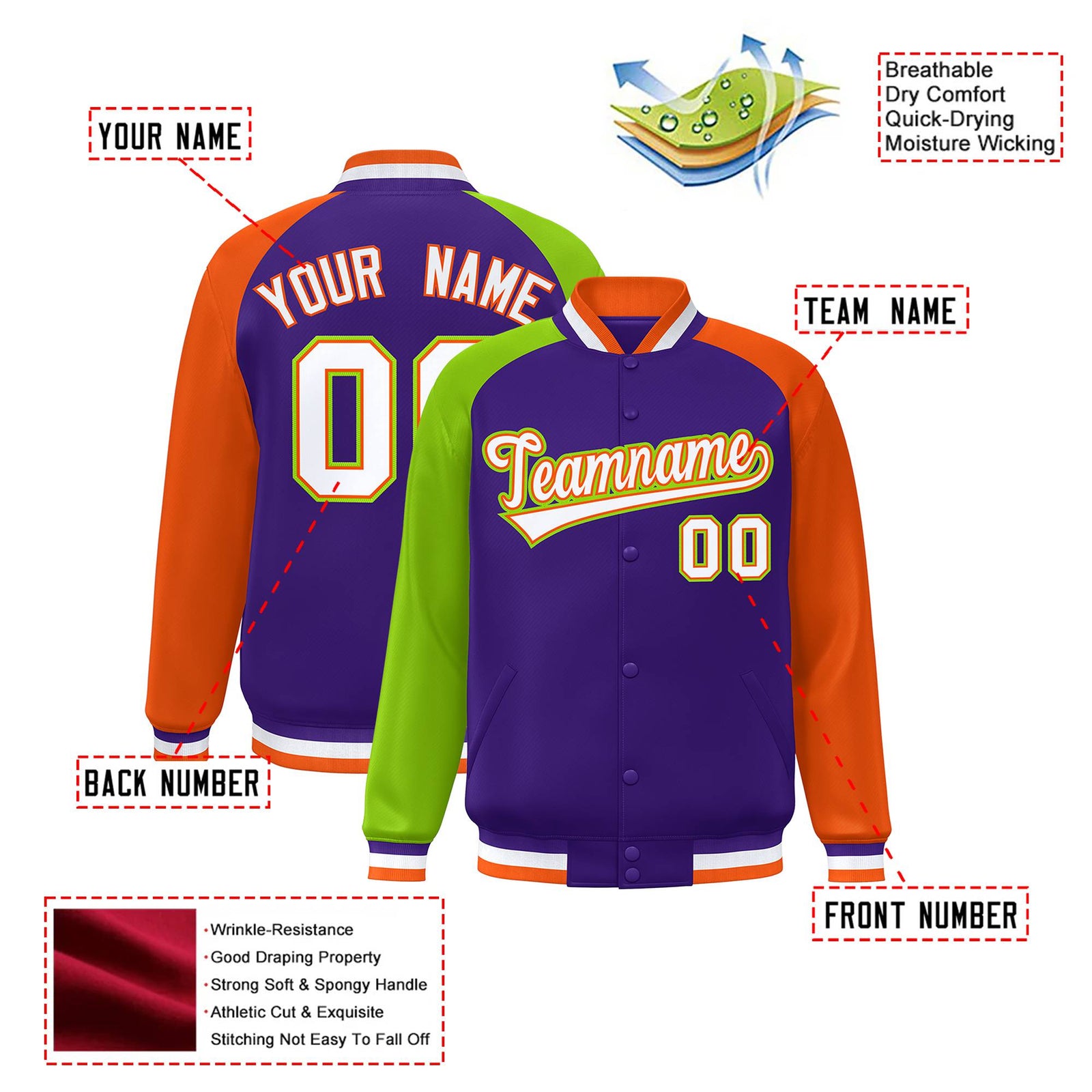 Custom Purple Orange-Neon Green Raglan Sleeves Varsity Full-Snap Letterman Jacket