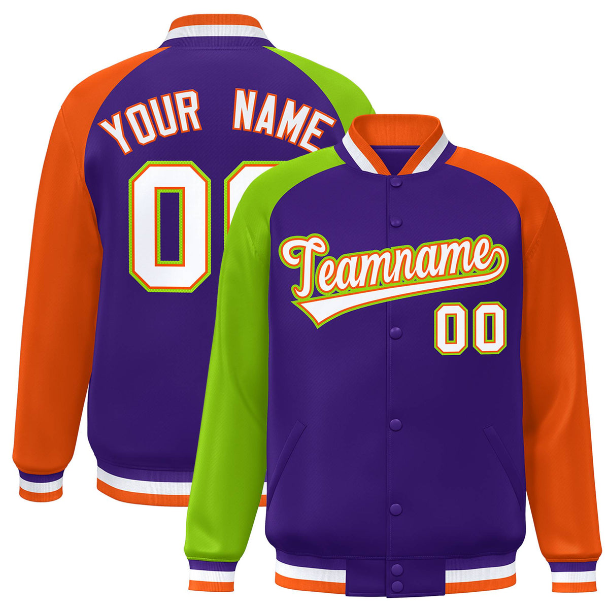 Custom Purple Orange-Neon Green Raglan Sleeves Varsity Full-Snap Letterman Jacket