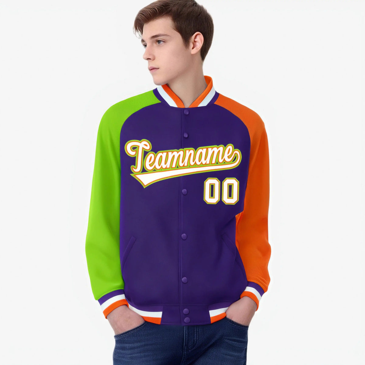 Custom Purple Orange-Neon Green Raglan Sleeves Varsity Full-Snap Letterman Jacket