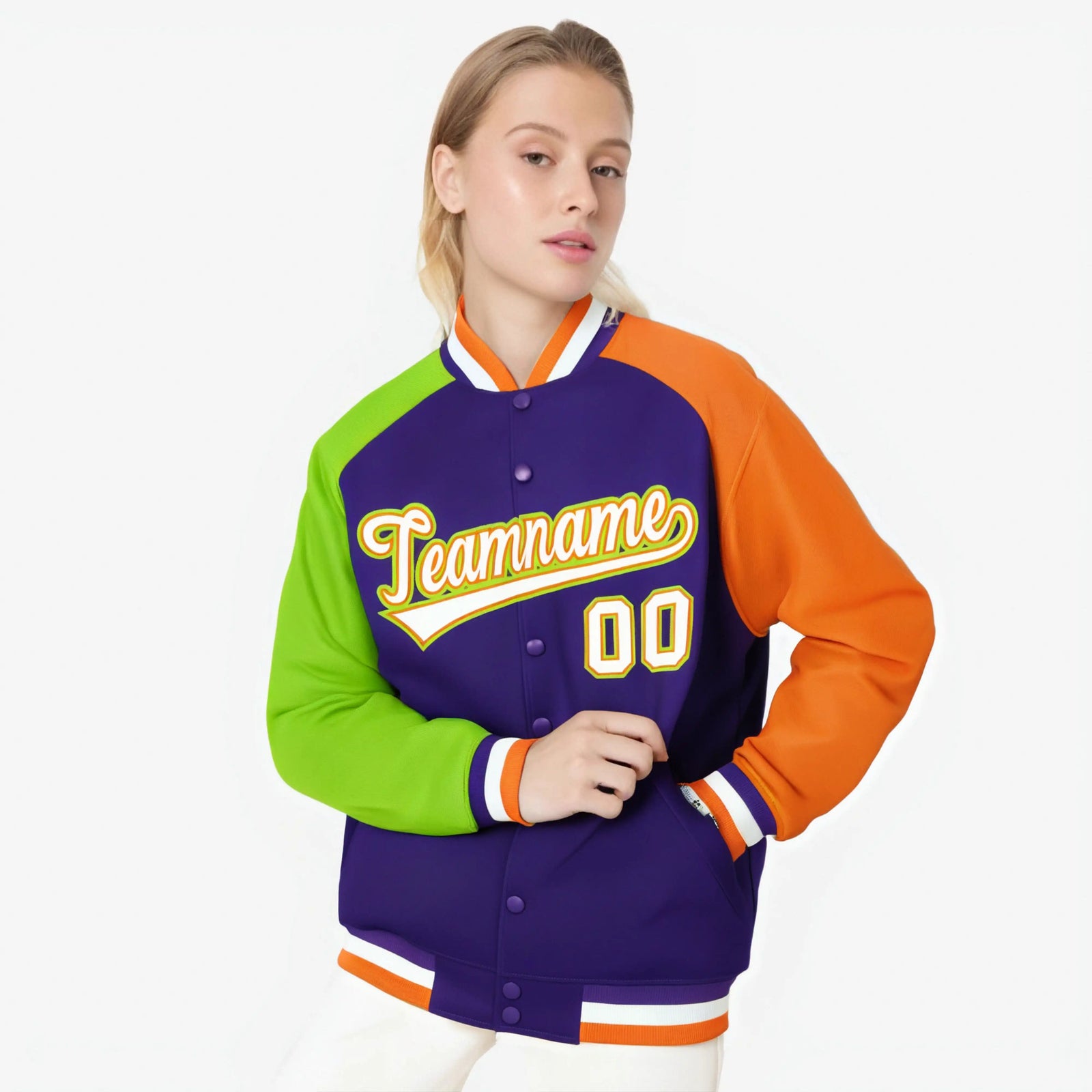 Custom Purple Orange-Neon Green Raglan Sleeves Varsity Full-Snap Letterman Jacket