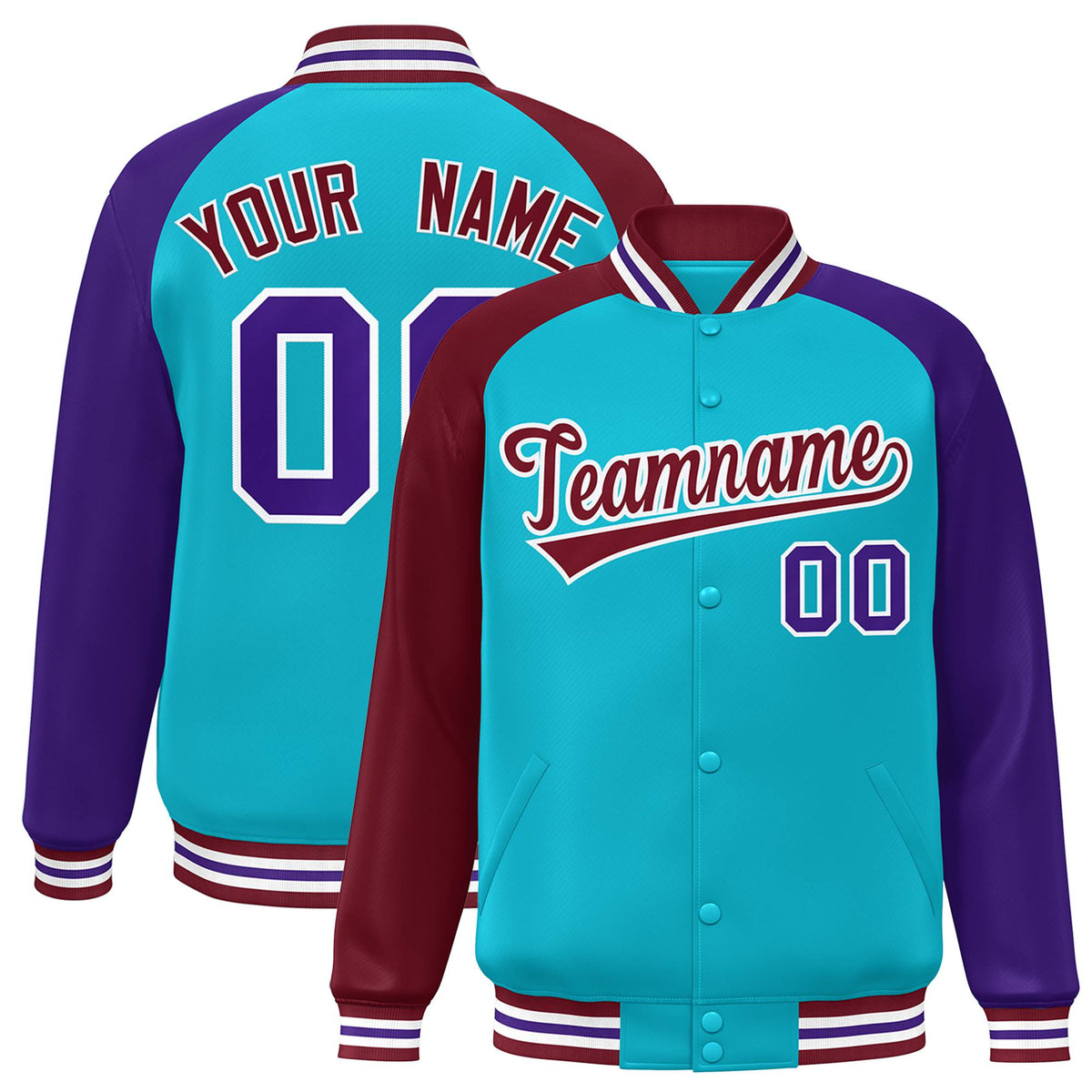 Custom Aqua Crimson-Purple Raglan Sleeves Varsity Full-Snap Letterman Jacket