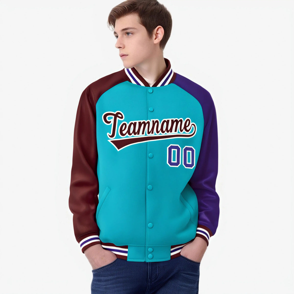 Custom Aqua Crimson-Purple Raglan Sleeves Varsity Full-Snap Letterman Jacket