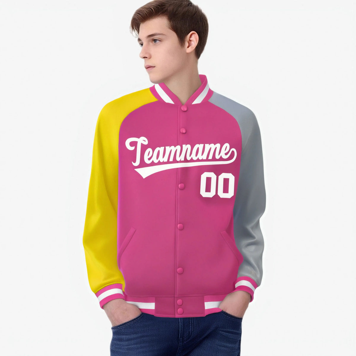 Custom Pink Gray-Gold Raglan Sleeves Varsity Full-Snap Letterman Jacket