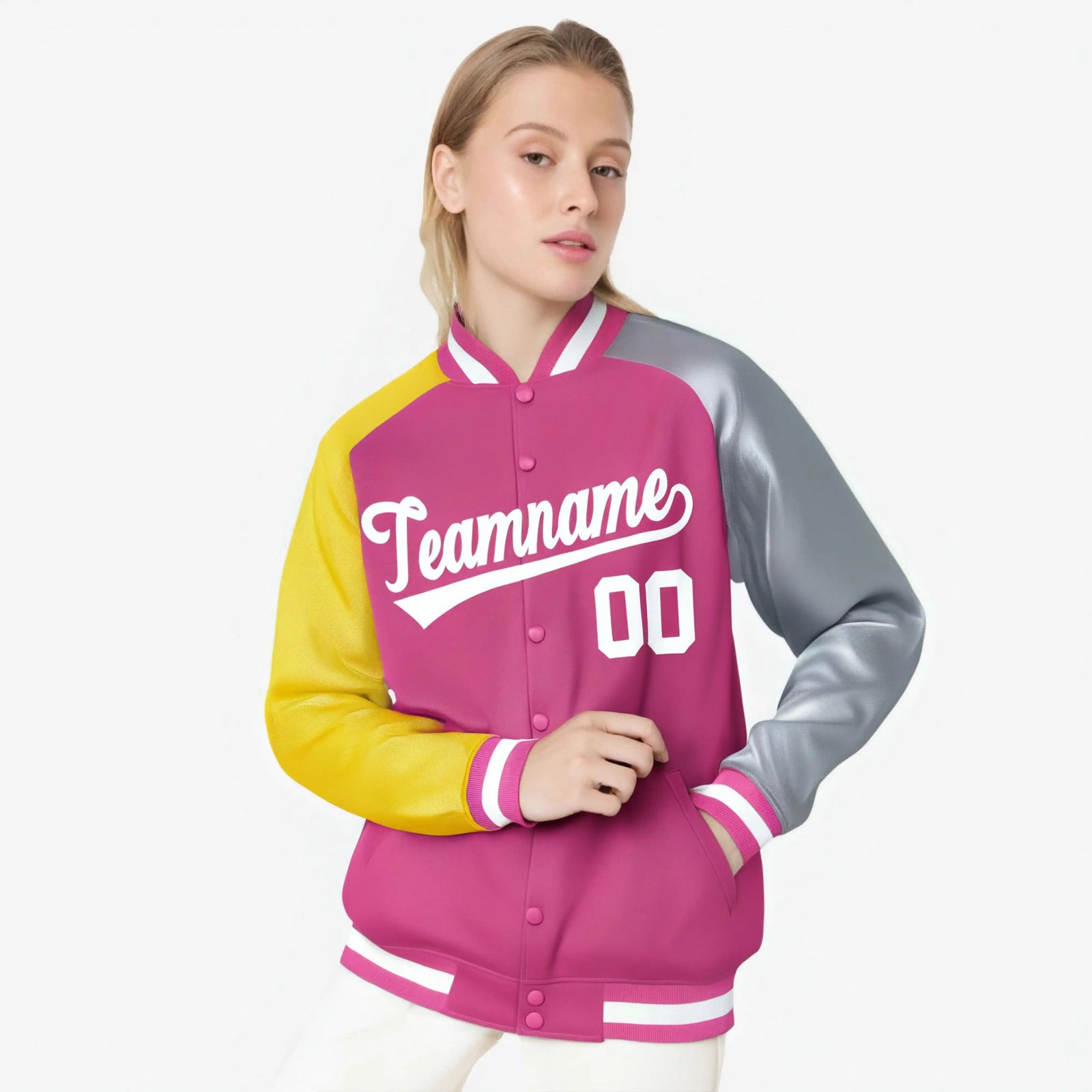 Custom Pink Gray-Gold Raglan Sleeves Varsity Full-Snap Letterman Jacket