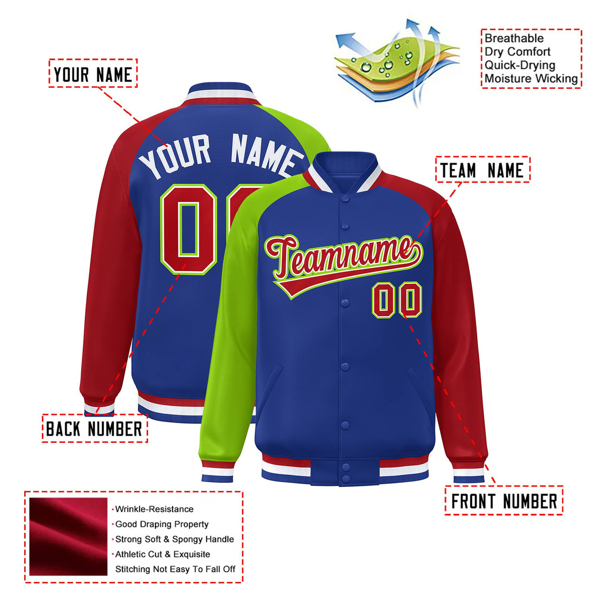 Custom Royal Blue Red-Neon Green Raglan Sleeves Varsity Full-Snap Letterman Jacket