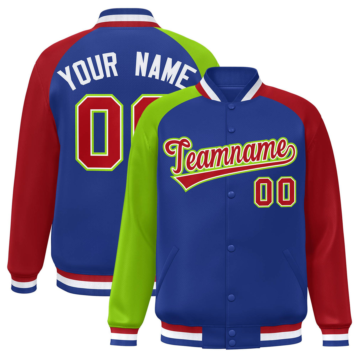 Custom Royal Blue Red-Neon Green Raglan Sleeves Varsity Full-Snap Letterman Jacket