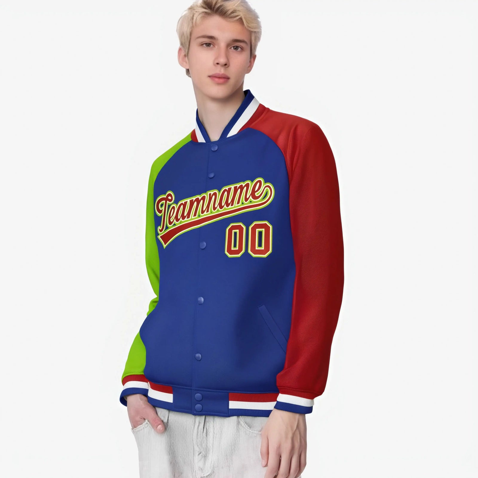 Custom Royal Blue Red-Neon Green Raglan Sleeves Varsity Full-Snap Letterman Jacket