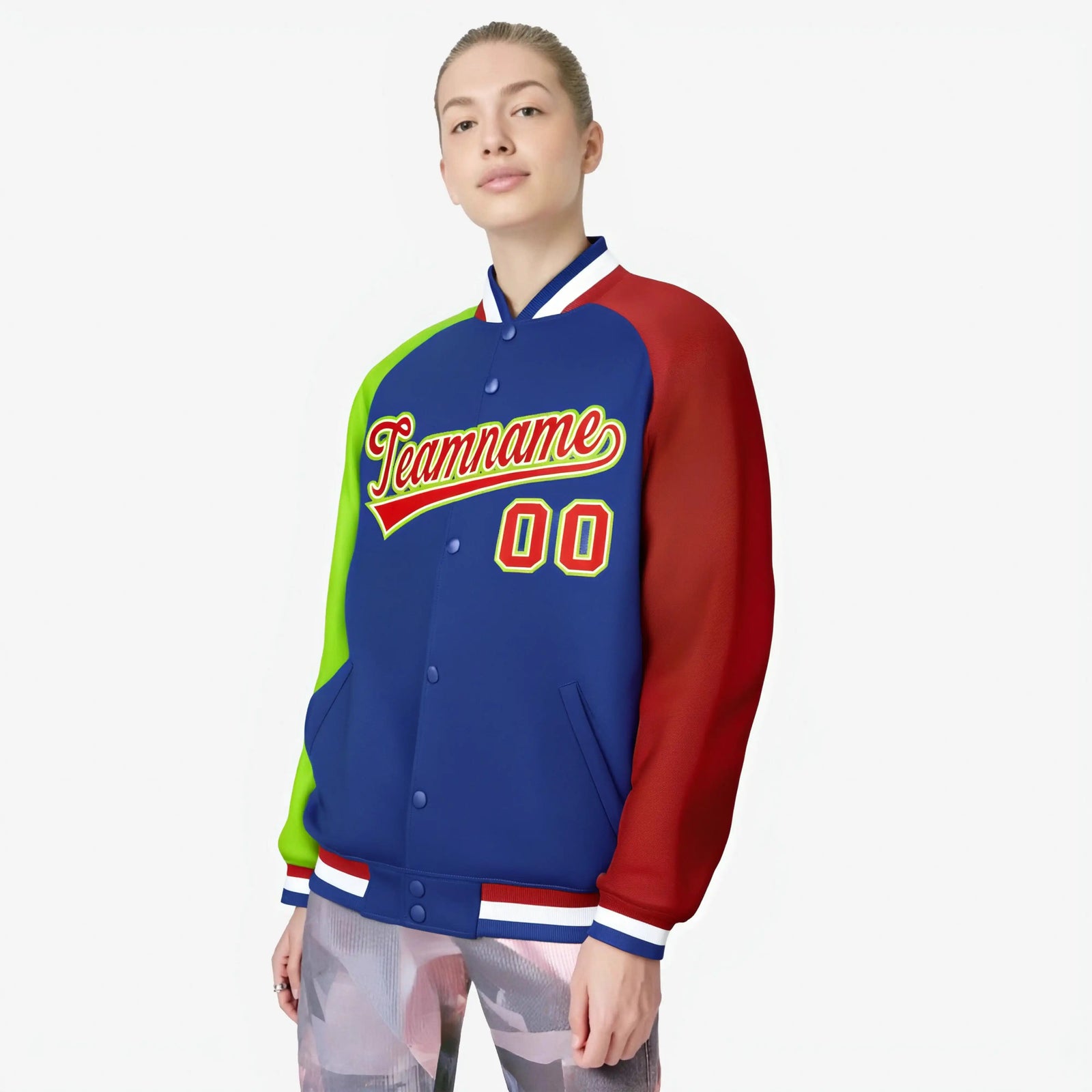 Custom Royal Blue Red-Neon Green Raglan Sleeves Varsity Full-Snap Letterman Jacket