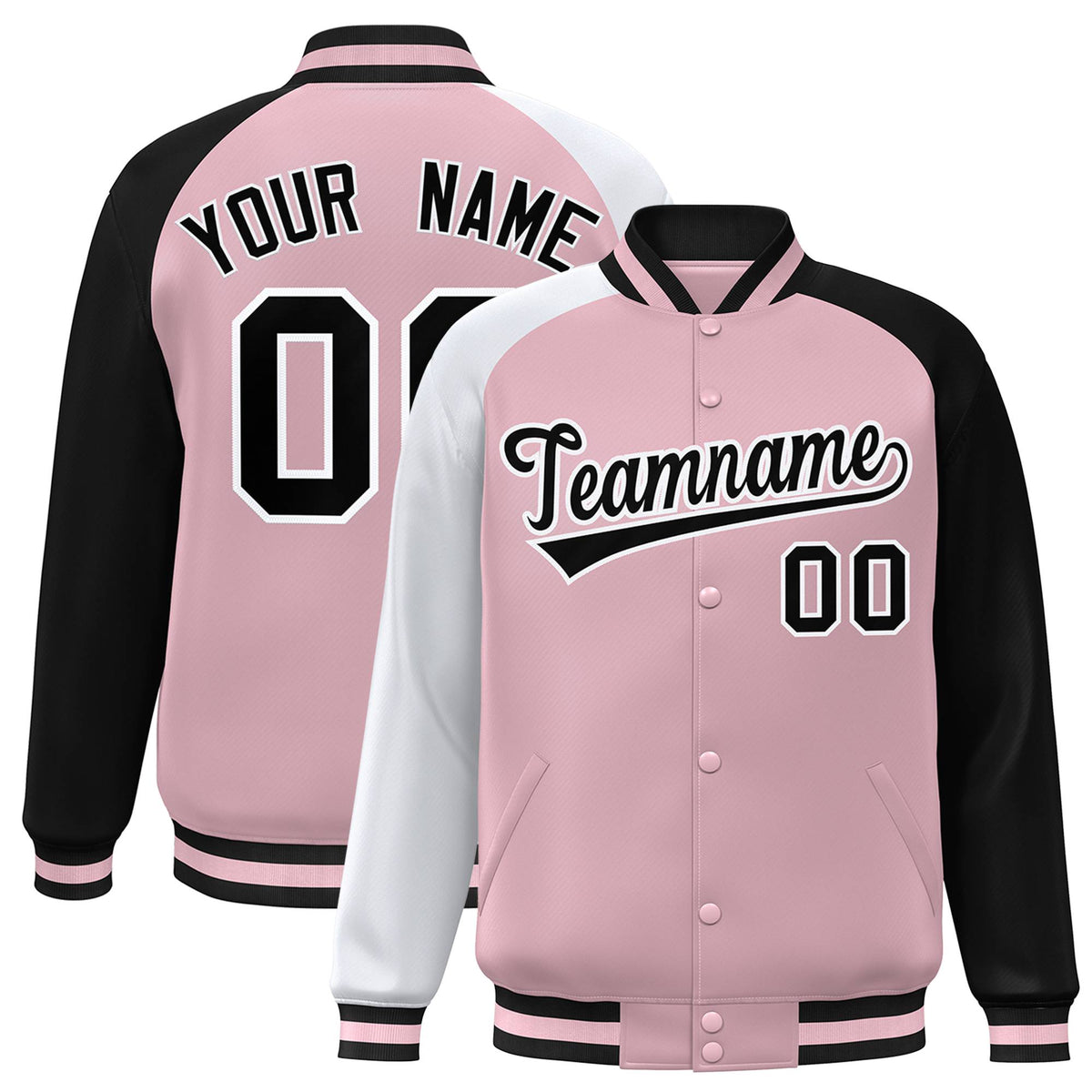 Custom Pink Black-White Raglan Sleeves Varsity Full-Snap Letterman Jacket