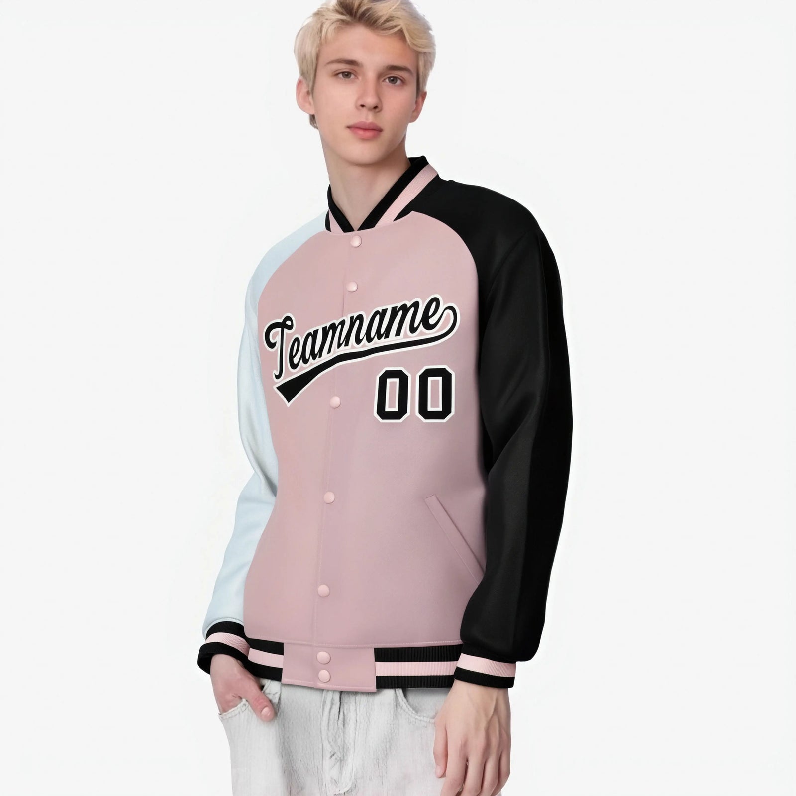 Custom Pink Black-White Raglan Sleeves Varsity Full-Snap Letterman Jacket