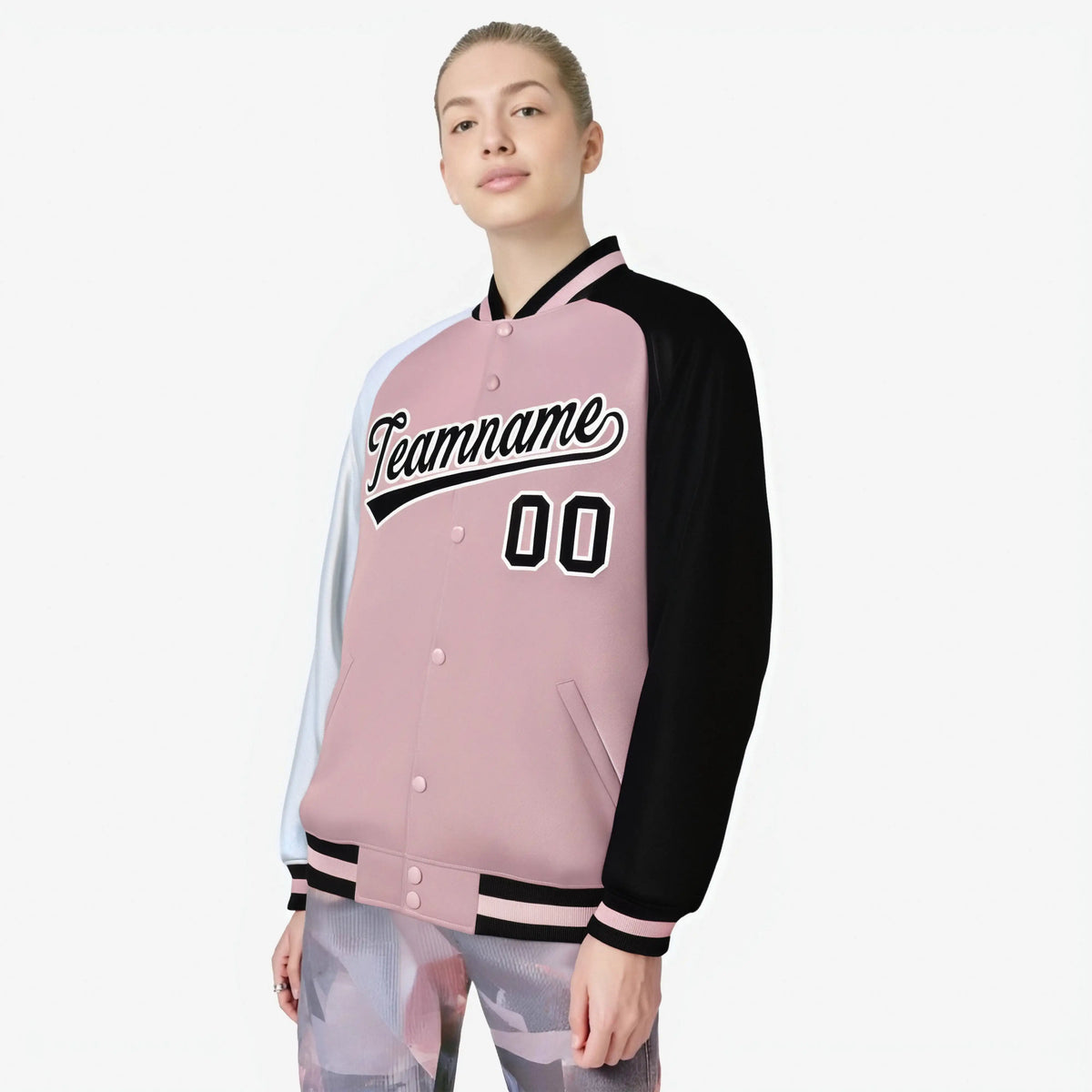 Custom Pink Black-White Raglan Sleeves Varsity Full-Snap Letterman Jacket