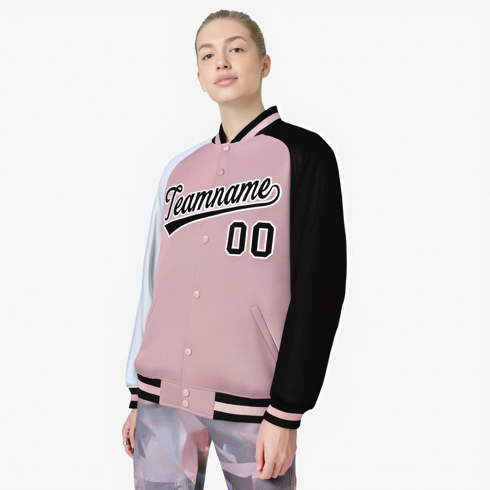 Custom Pink Black-White Raglan Sleeves Varsity Full-Snap Letterman Jacket