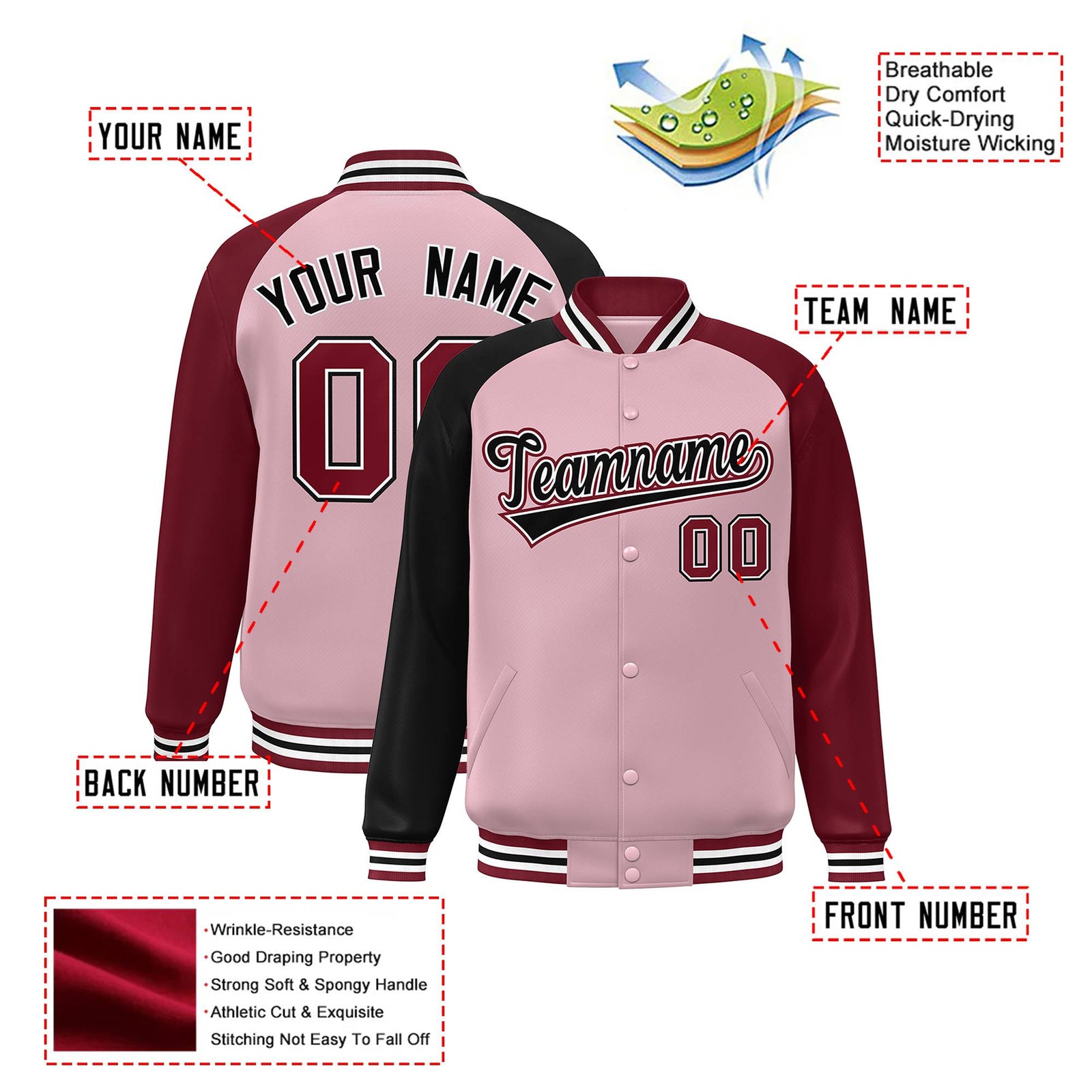 Custom Pink Crimson-Black Raglan Sleeves Varsity Full-Snap Letterman Jacket