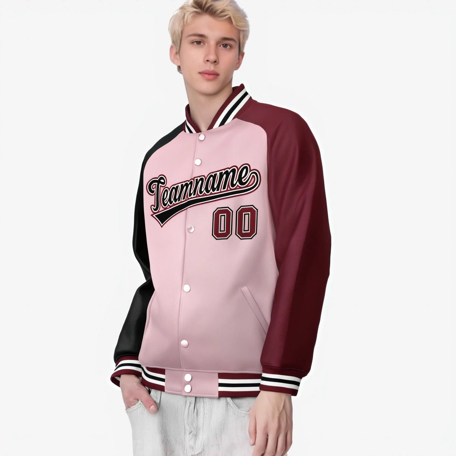 Custom Pink Crimson-Black Raglan Sleeves Varsity Full-Snap Letterman Jacket