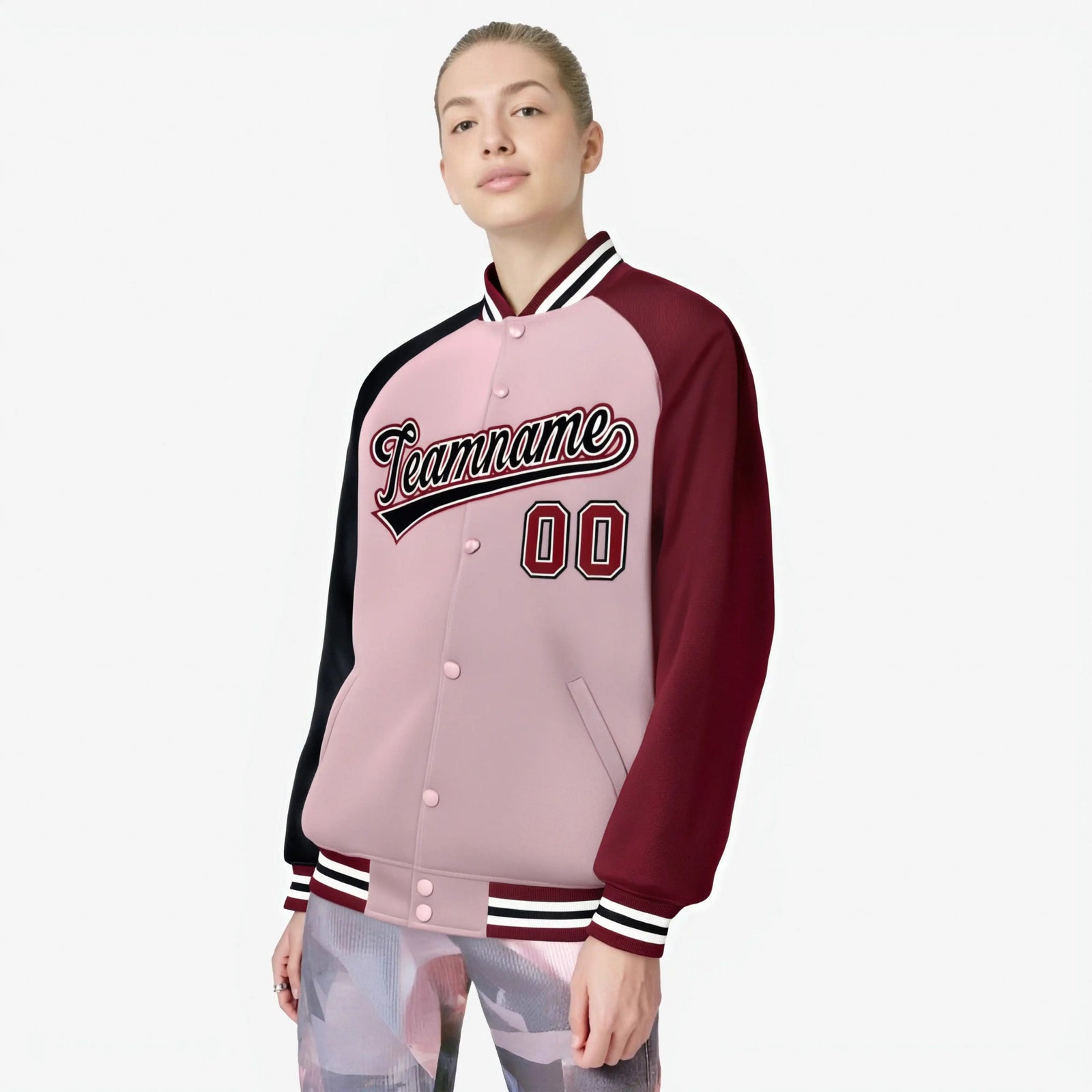 Custom Pink Crimson-Black Raglan Sleeves Varsity Full-Snap Letterman Jacket