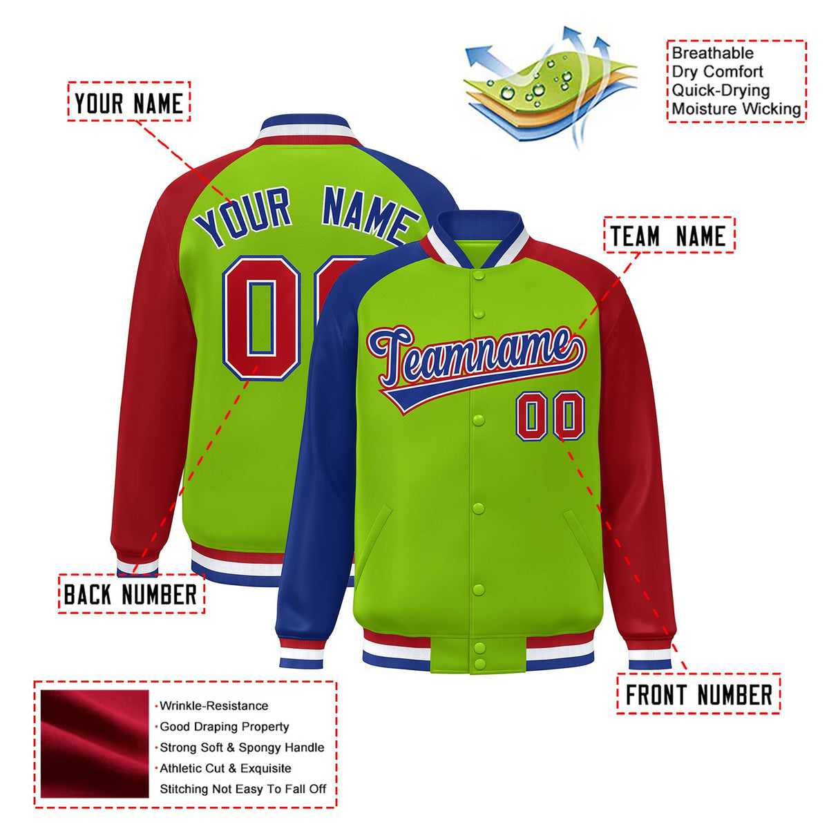 Custom Neon Green Red-Royal Blue Raglan Sleeves Varsity Full-Snap Letterman Jacket