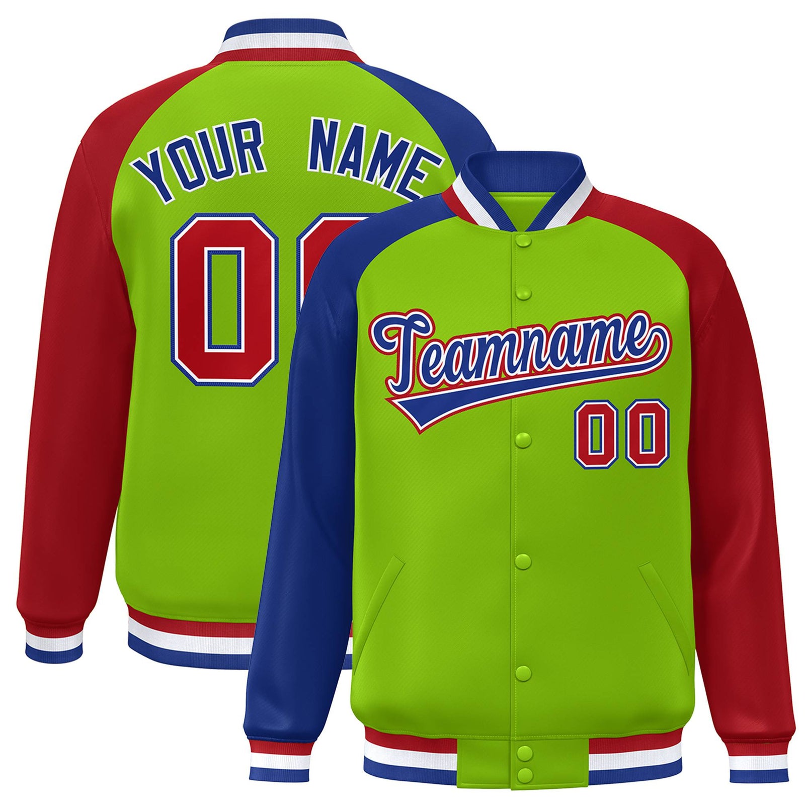 Custom Neon Green Red-Royal Blue Raglan Sleeves Varsity Full-Snap Letterman Jacket