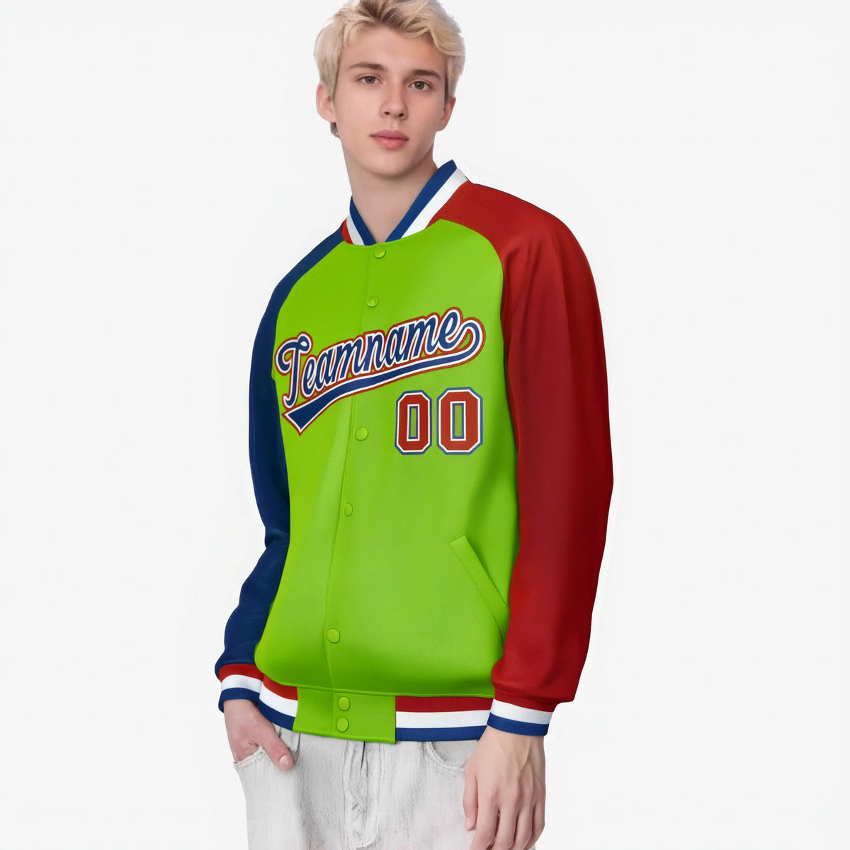 Custom Neon Green Red-Royal Blue Raglan Sleeves Varsity Full-Snap Letterman Jacket