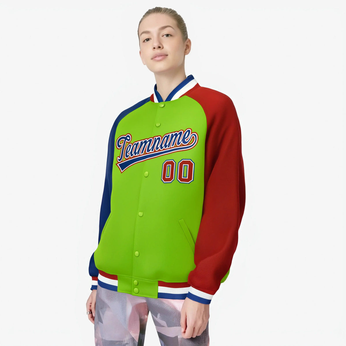 Custom Neon Green Red-Royal Blue Raglan Sleeves Varsity Full-Snap Letterman Jacket
