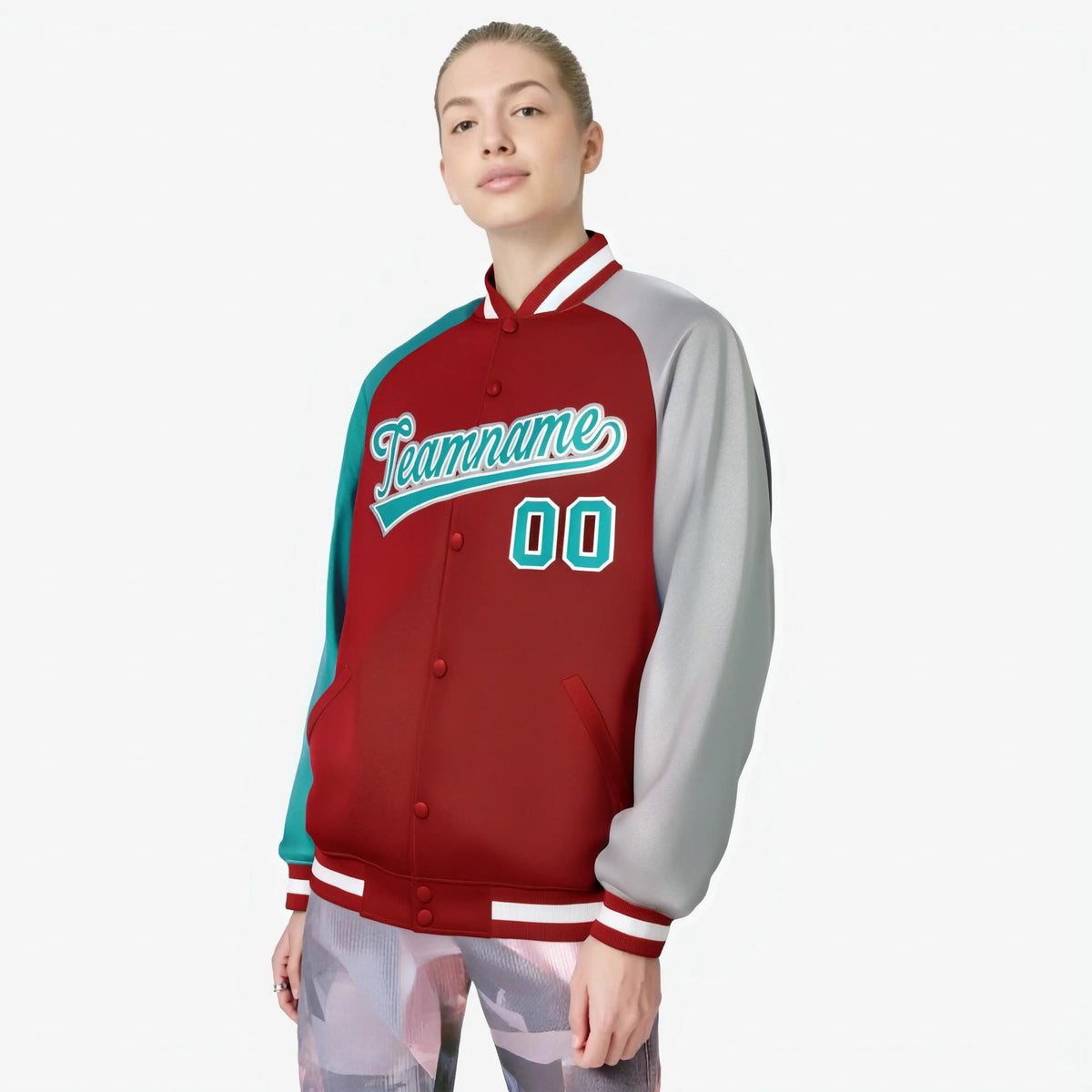Custom Red Gray-Aqua Raglan Sleeves Varsity Full-Snap Letterman Jacket