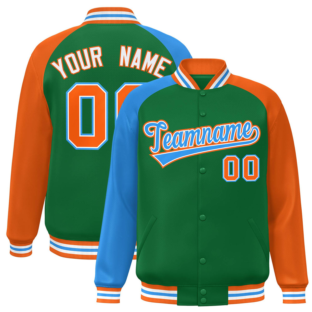 Custom Kelly Green Orange-Powder Blue Raglan Sleeves Varsity Full-Snap Letterman Jacket