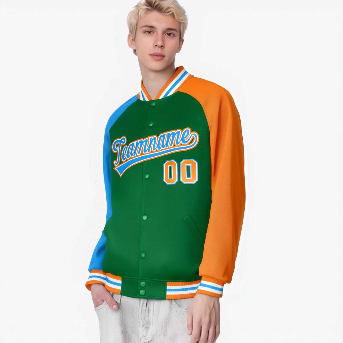 Custom Kelly Green Orange-Powder Blue Raglan Sleeves Varsity Full-Snap Letterman Jacket