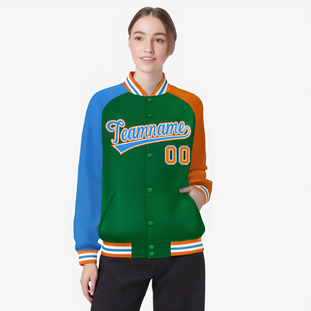 Custom Kelly Green Orange-Powder Blue Raglan Sleeves Varsity Full-Snap Letterman Jacket