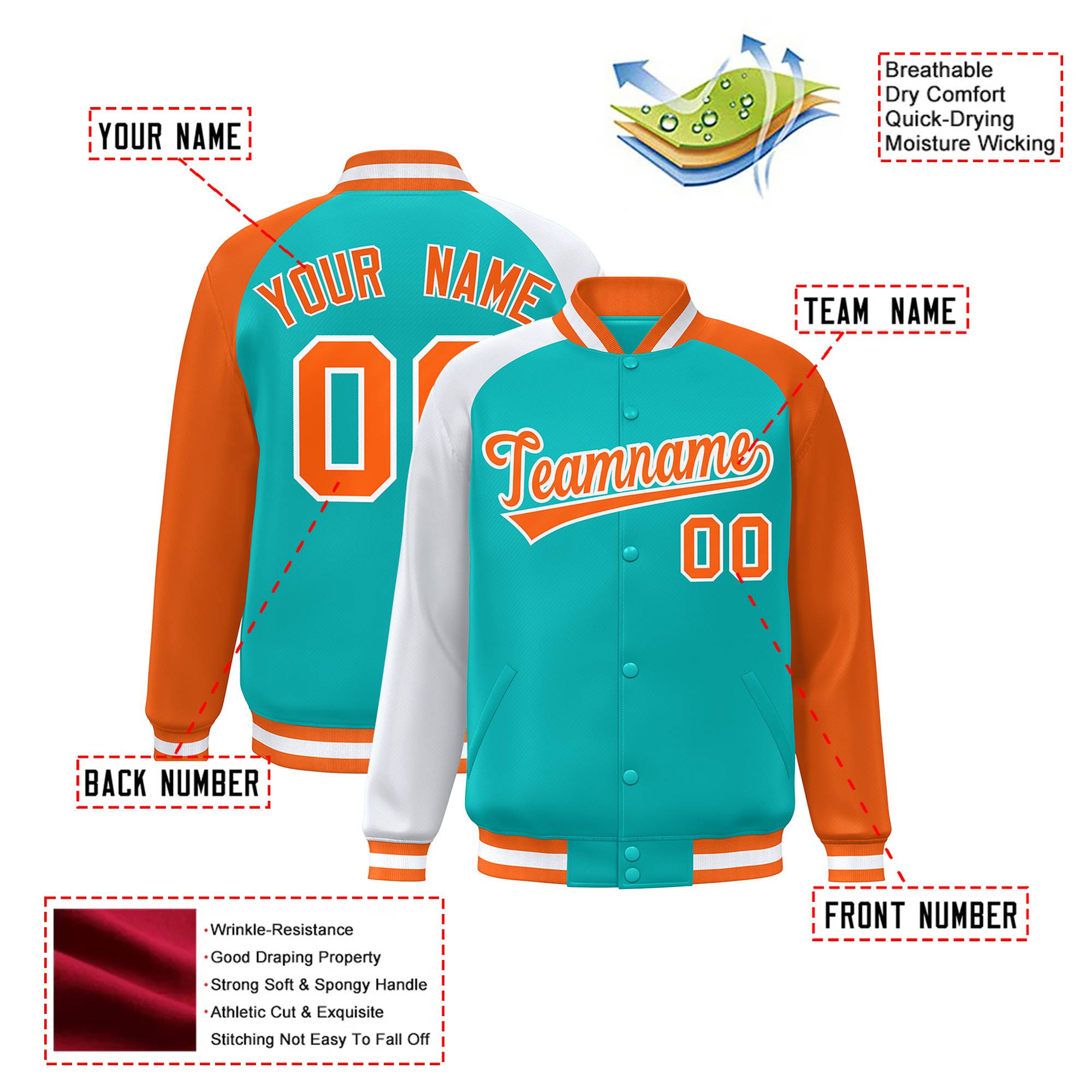 Custom Aqua Orange-White Raglan Sleeves Varsity Full-Snap Letterman Jacket