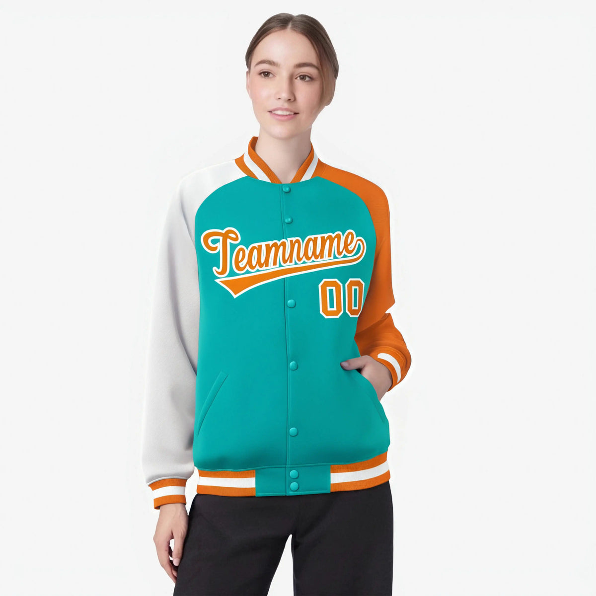 Custom Aqua Orange-White Raglan Sleeves Varsity Full-Snap Letterman Jacket